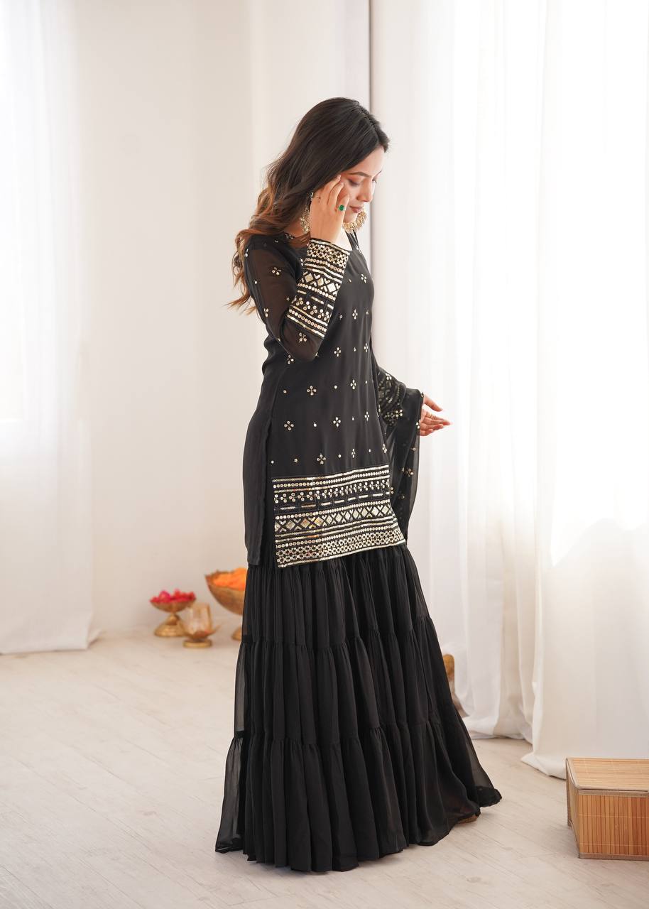 Elegant Heavy Georgette Embroidery Top Sharara Suit with Dupatta