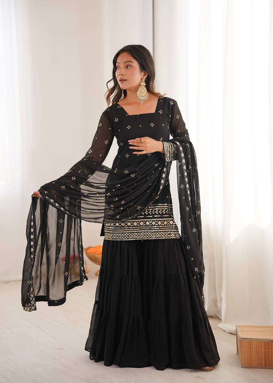 Elegant Heavy Georgette Embroidery Top Sharara Suit with Dupatta