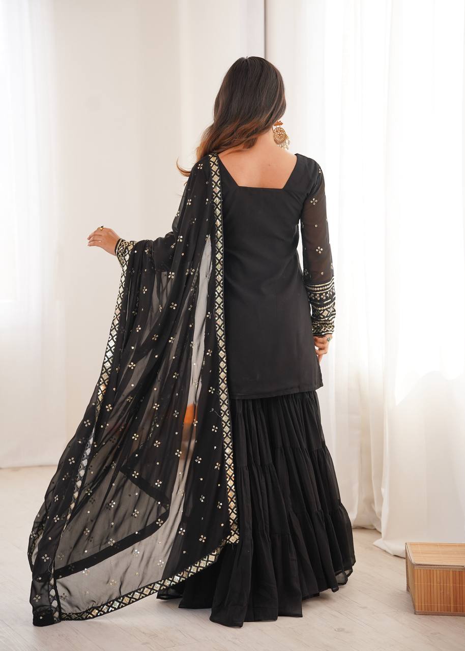 Elegant Heavy Georgette Embroidery Top Sharara Suit with Dupatta