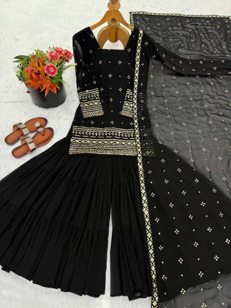 Elegant Heavy Georgette Embroidery Top Sharara Suit with Dupatta