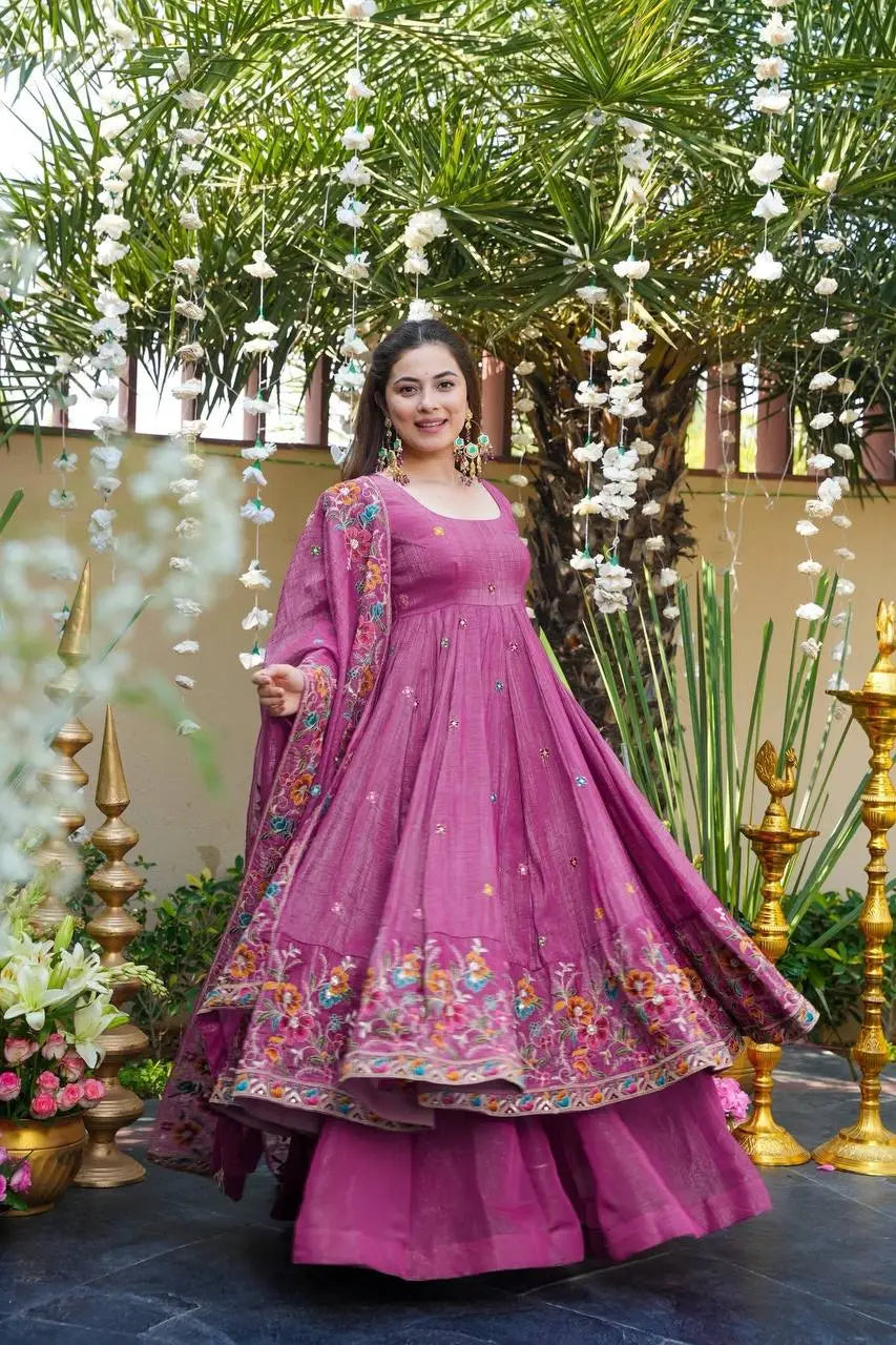 Dusty Rose Soft Silk Anarkali with Full Sleeves & Sharara