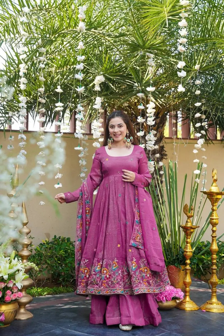 Dusty Rose Soft Silk Anarkali with Full Sleeves & Sharara