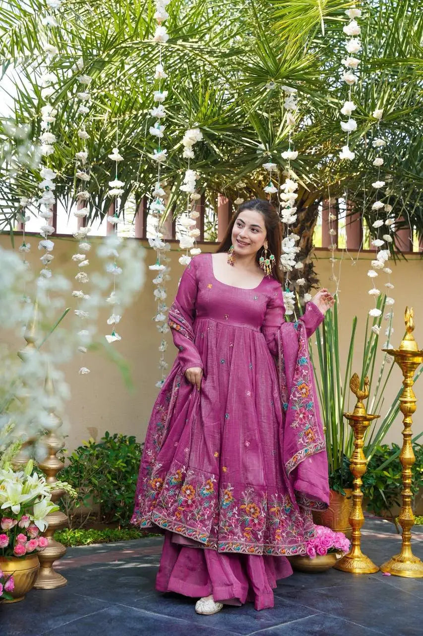 Dusty Rose Soft Silk Anarkali with Full Sleeves & Sharara