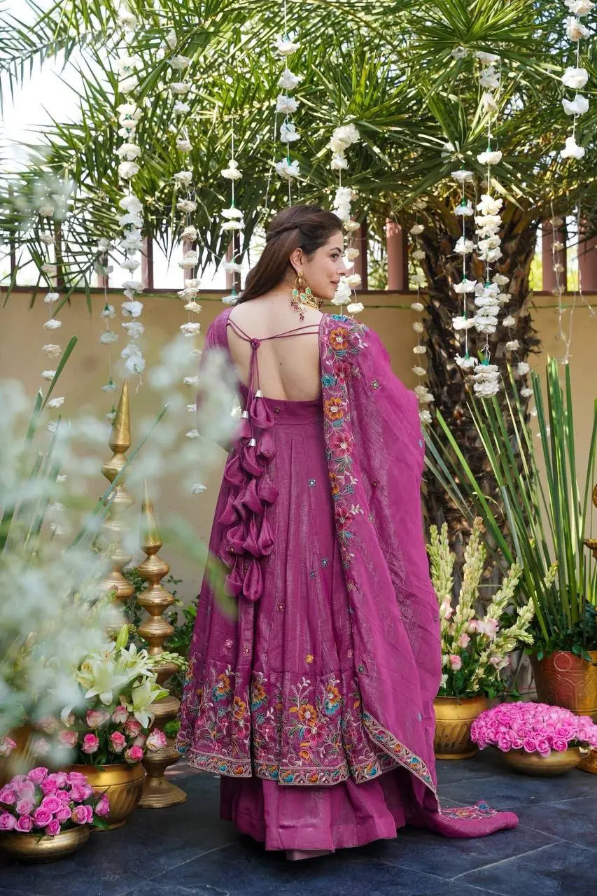 Dusty Rose Soft Silk Anarkali with Full Sleeves & Sharara