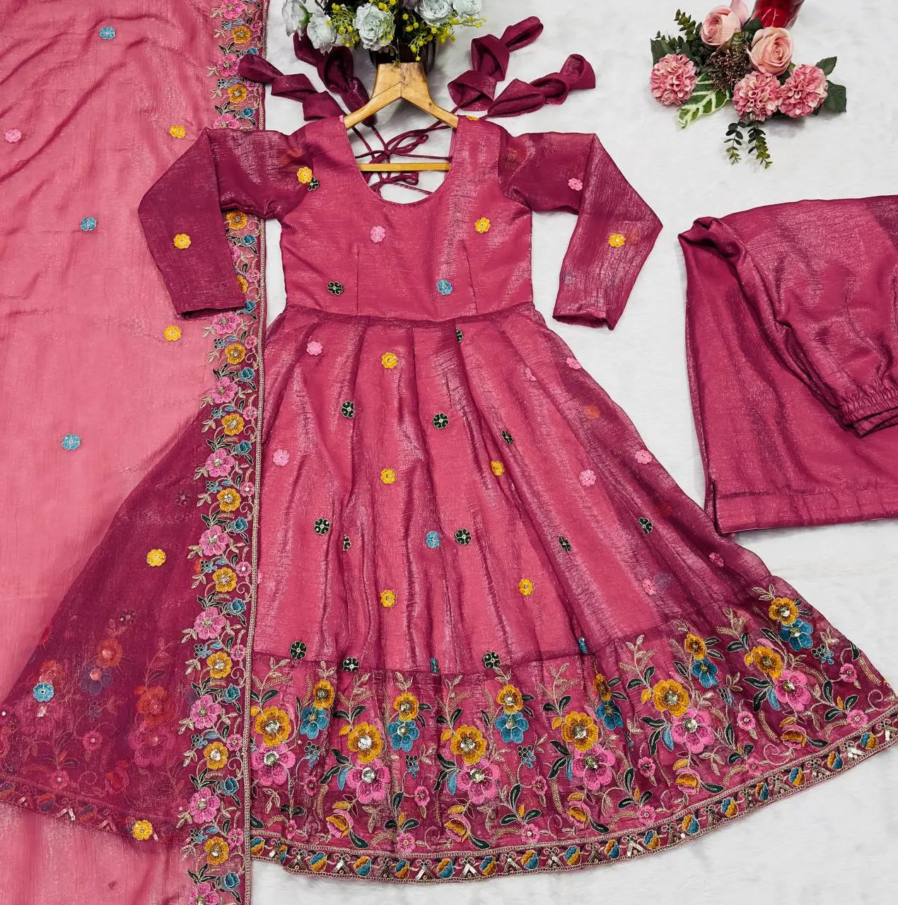 Dusty Rose Soft Silk Anarkali with Full Sleeves & Sharara