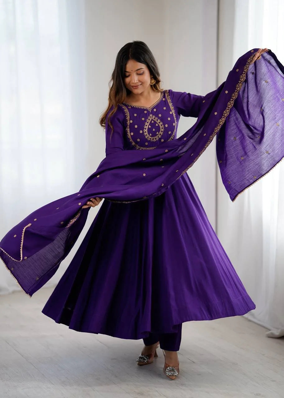 Premium Full-Flare Roman Chanderi Anarkali with Side Zipper & Back Tassel