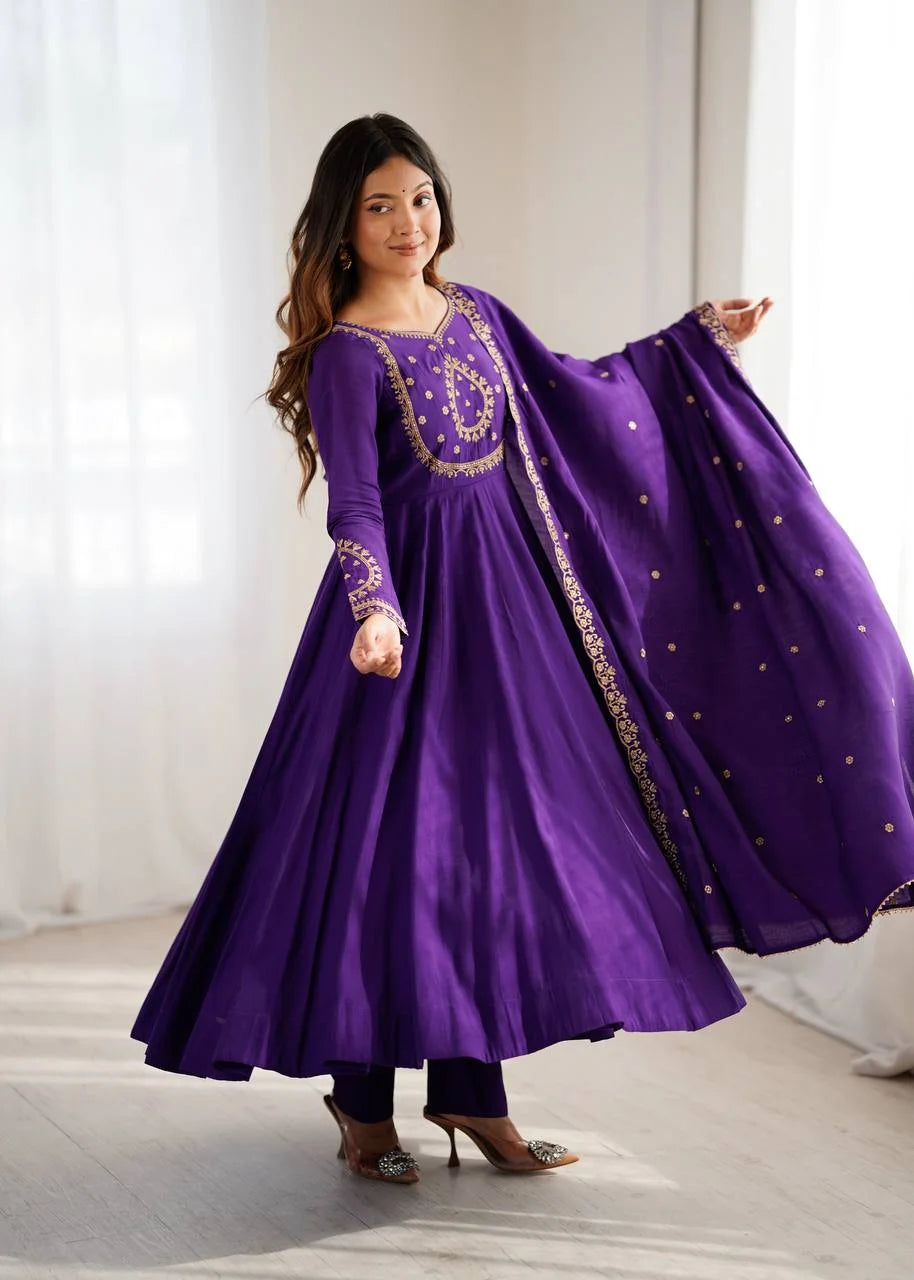 Premium Full-Flare Roman Chanderi Anarkali with Side Zipper & Back Tassel