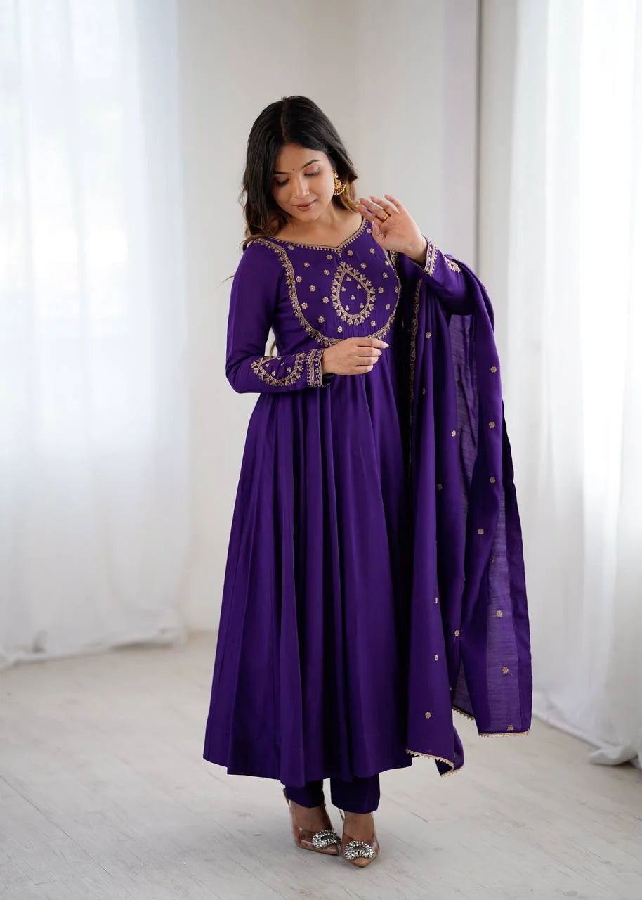 Premium Full-Flare Roman Chanderi Anarkali with Side Zipper & Back Tassel