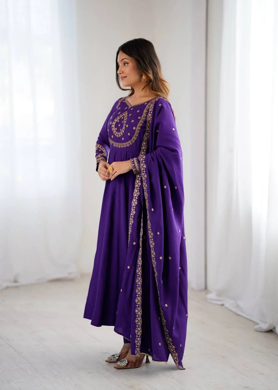 Premium Full-Flare Roman Chanderi Anarkali with Side Zipper & Back Tassel