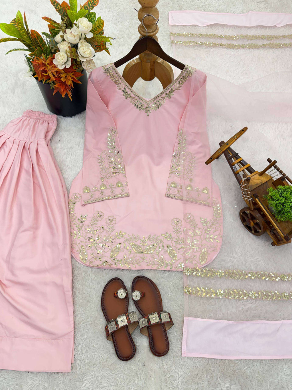 Luxury Blush Pink Embroidered Kurta Farshi Pant Dupatta Set for Women