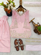 Luxury Blush Pink Embroidered Kurta Farshi Pant Dupatta Set for Women