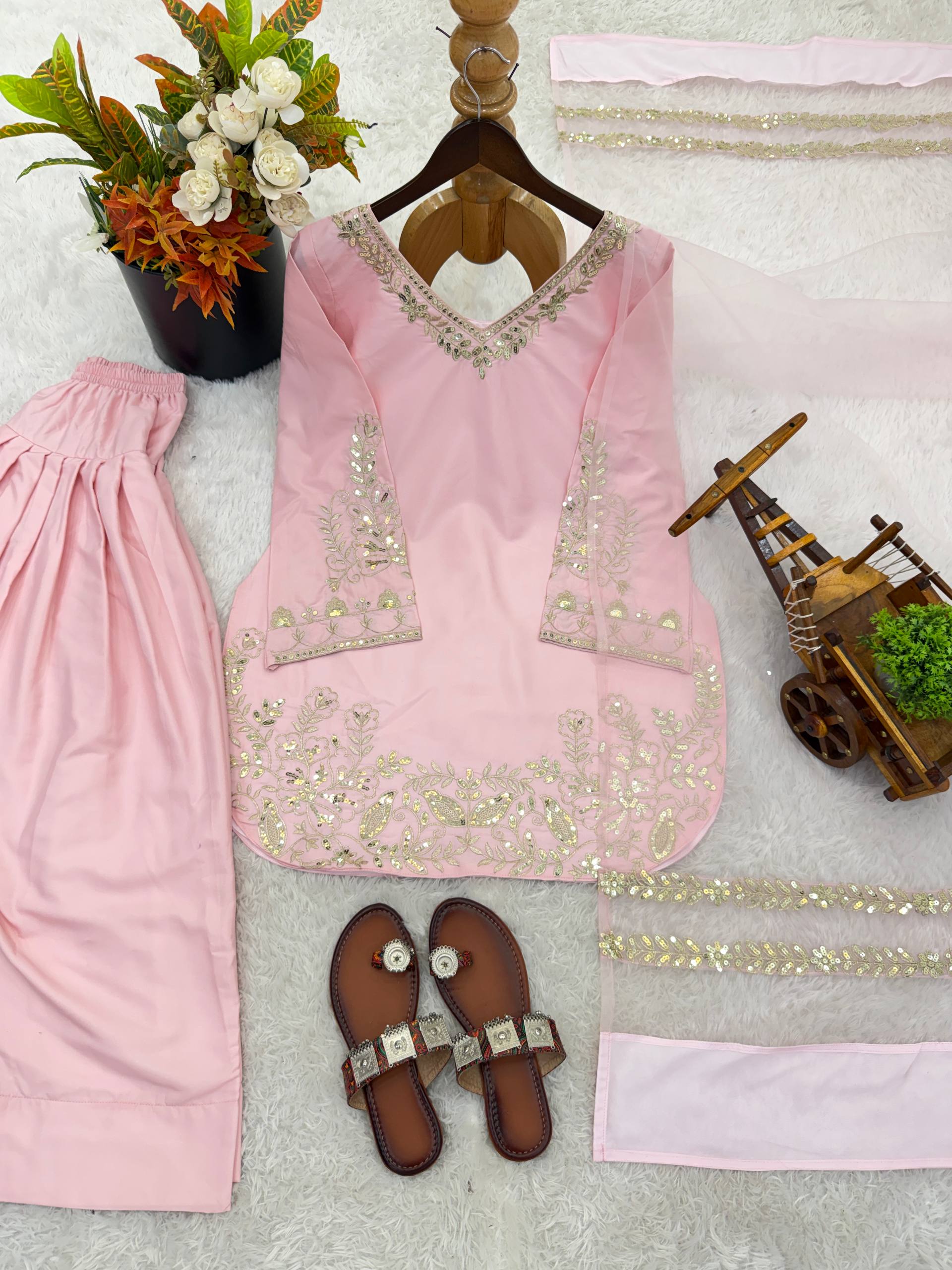 Luxury Blush Pink Embroidered Kurta Farshi Pant Dupatta Set for Women