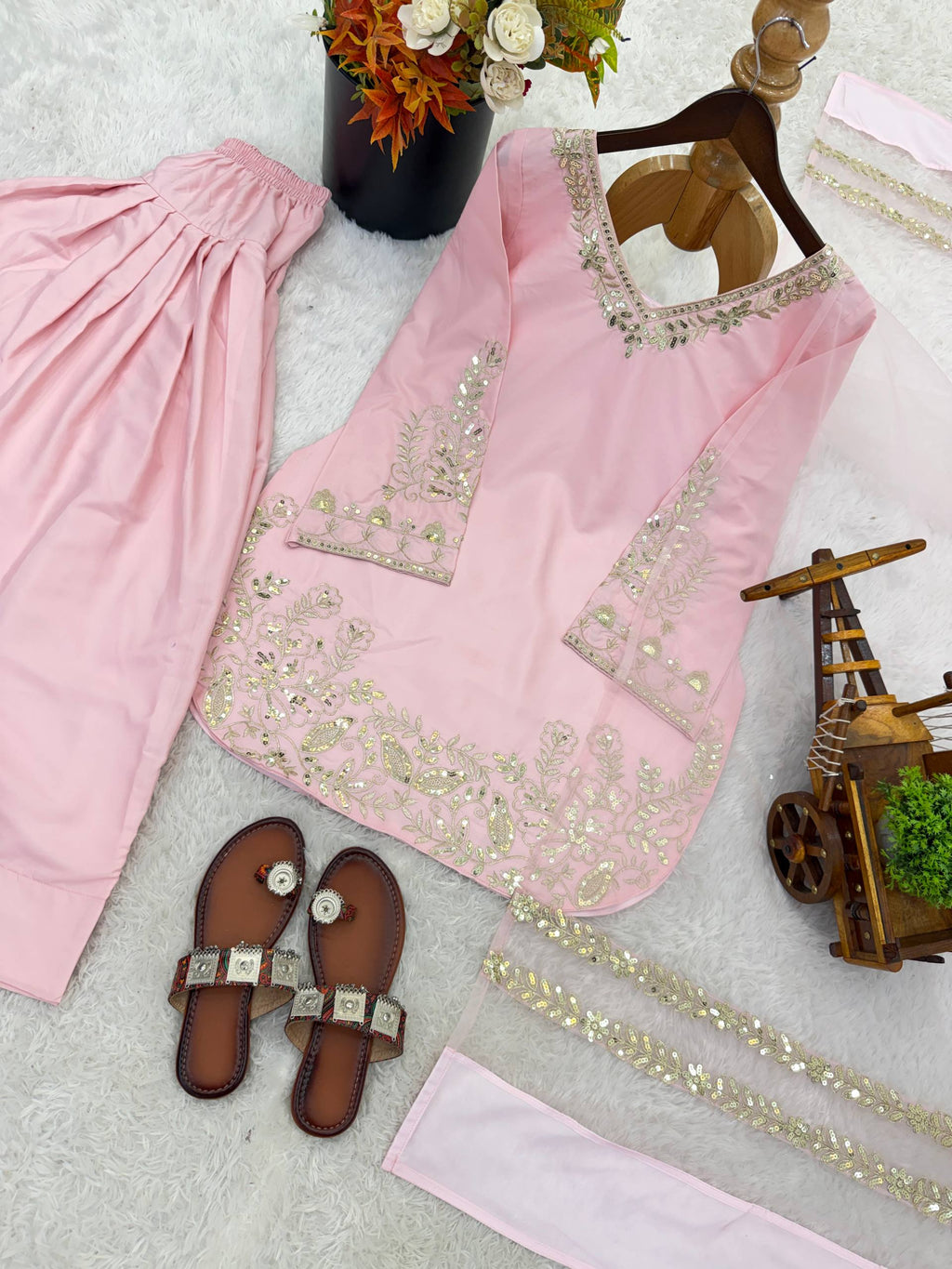 Luxury Blush Pink Embroidered Kurta Farshi Pant Dupatta Set for Women