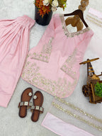Luxury Blush Pink Embroidered Kurta Farshi Pant Dupatta Set for Women