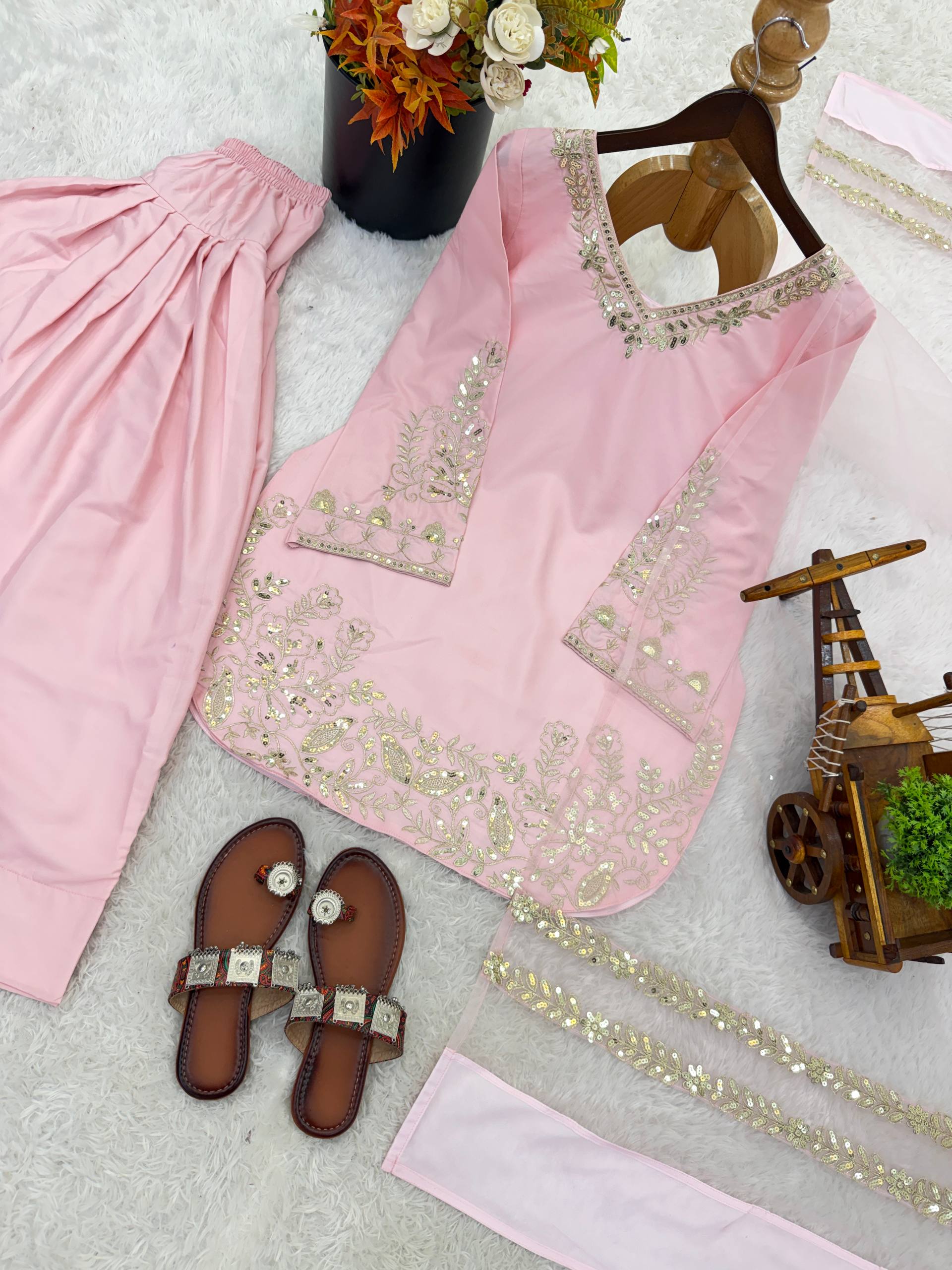 Luxury Blush Pink Embroidered Kurta Farshi Pant Dupatta Set for Women
