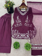 Stylish Wine Purple Embroidered Kurta Farshi Pant Dupatta Set for Women