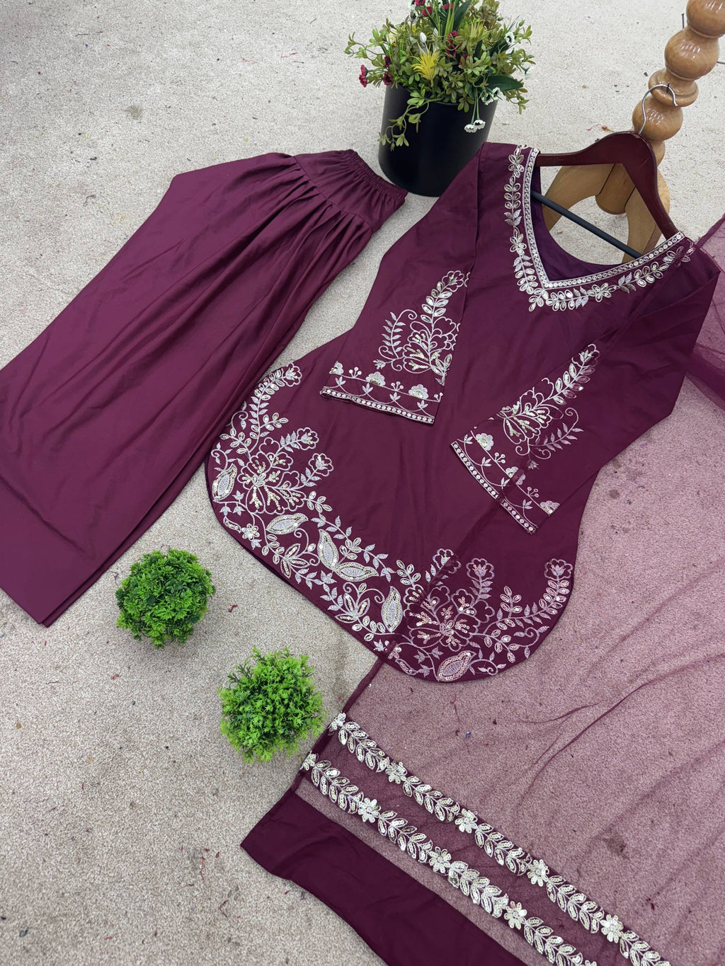 Stylish Wine Purple Embroidered Kurta Farshi Pant Dupatta Set for Women