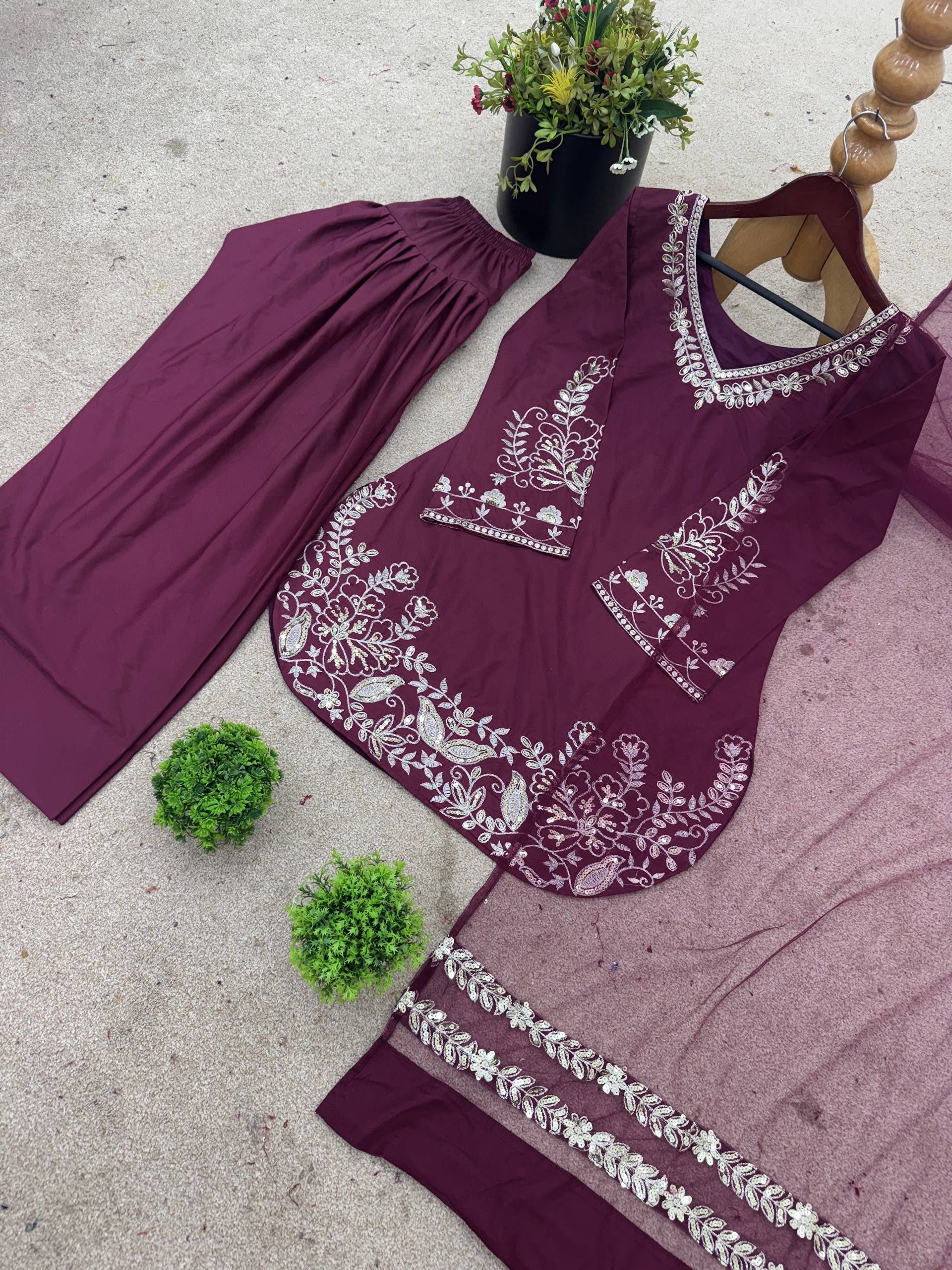 Stylish Wine Purple Embroidered Kurta Farshi Pant Dupatta Set for Women