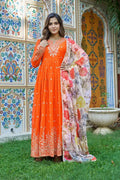 Wedding & Festive Special Orange Anarkali Gown & Pent With Organza Dupatta
