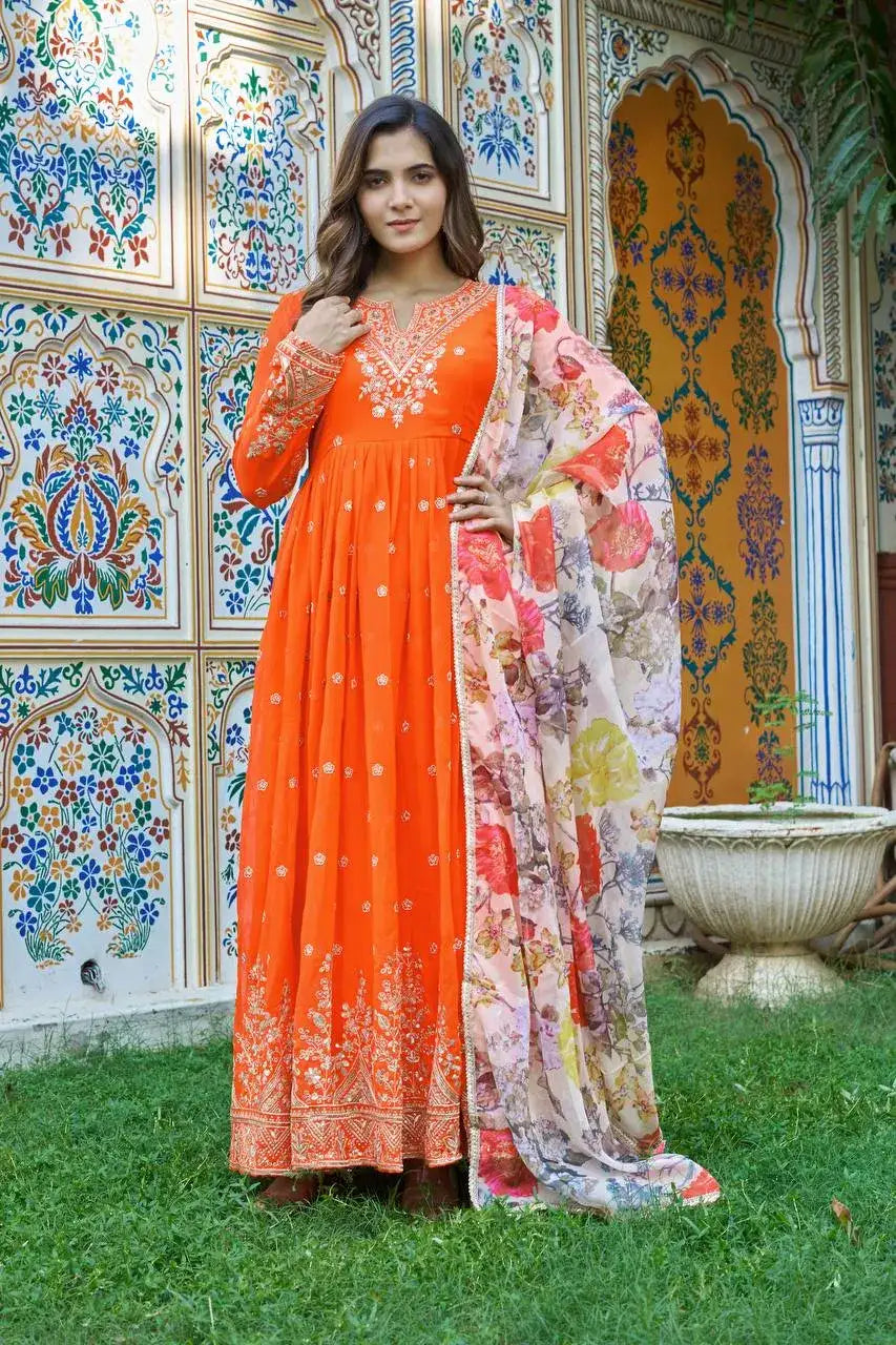 Wedding & Festive Special Orange Anarkali Gown & Pent With Organza Dupatta