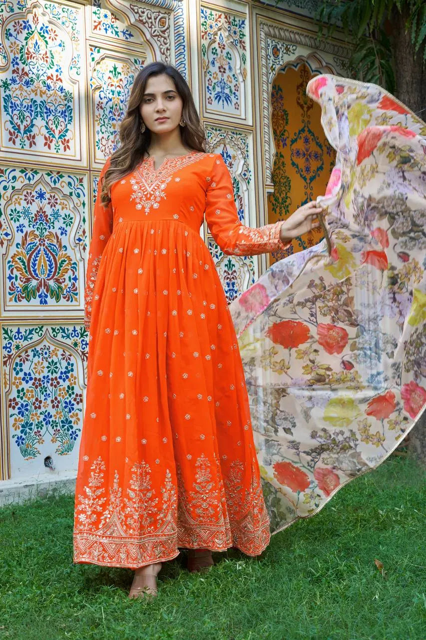 Wedding & Festive Special Orange Anarkali Gown & Pent With Organza Dupatta