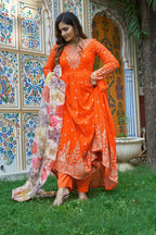 Wedding & Festive Special Orange Anarkali Gown & Pent With Organza Dupatta