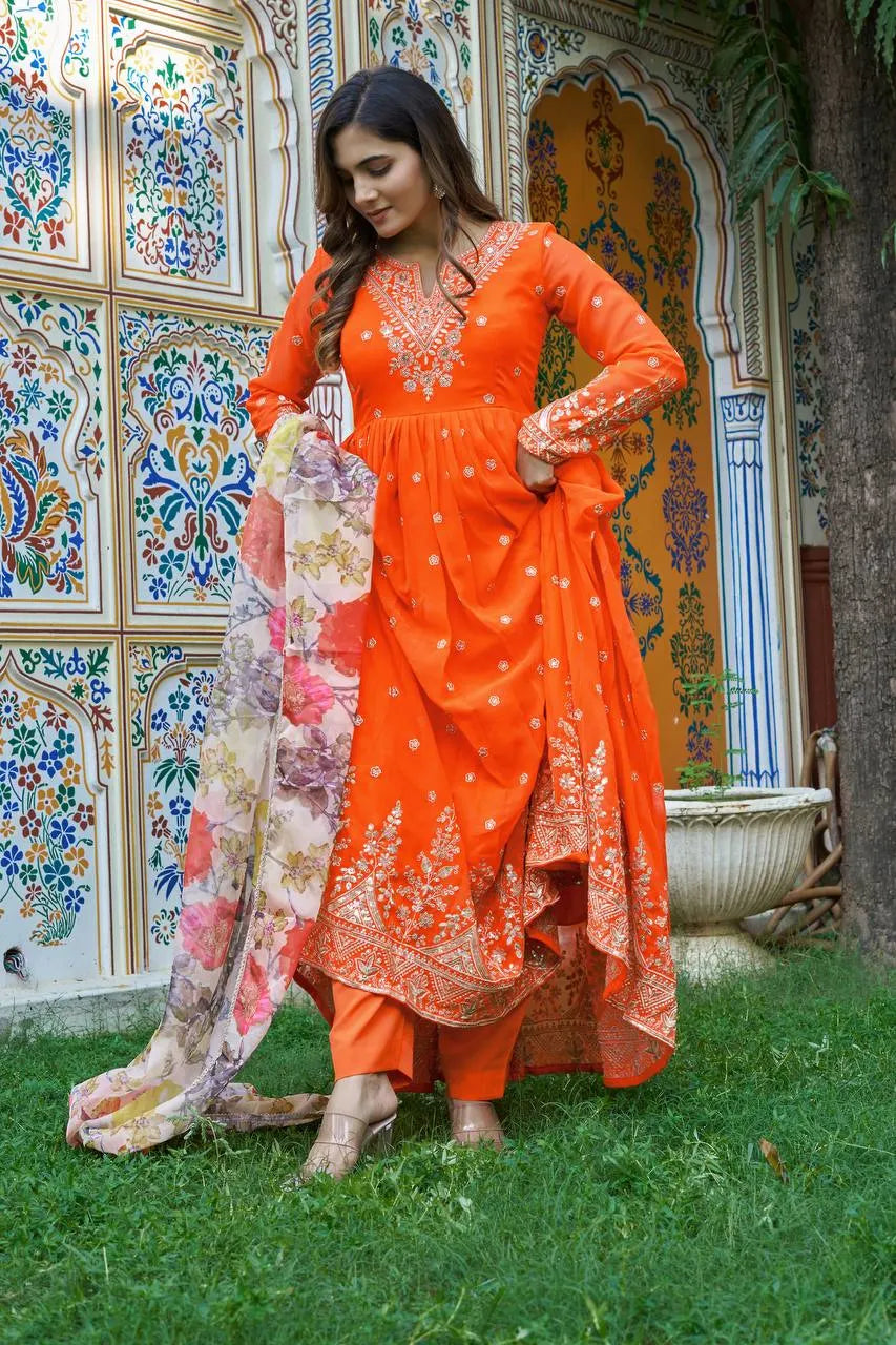 Wedding & Festive Special Orange Anarkali Gown & Pent With Organza Dupatta