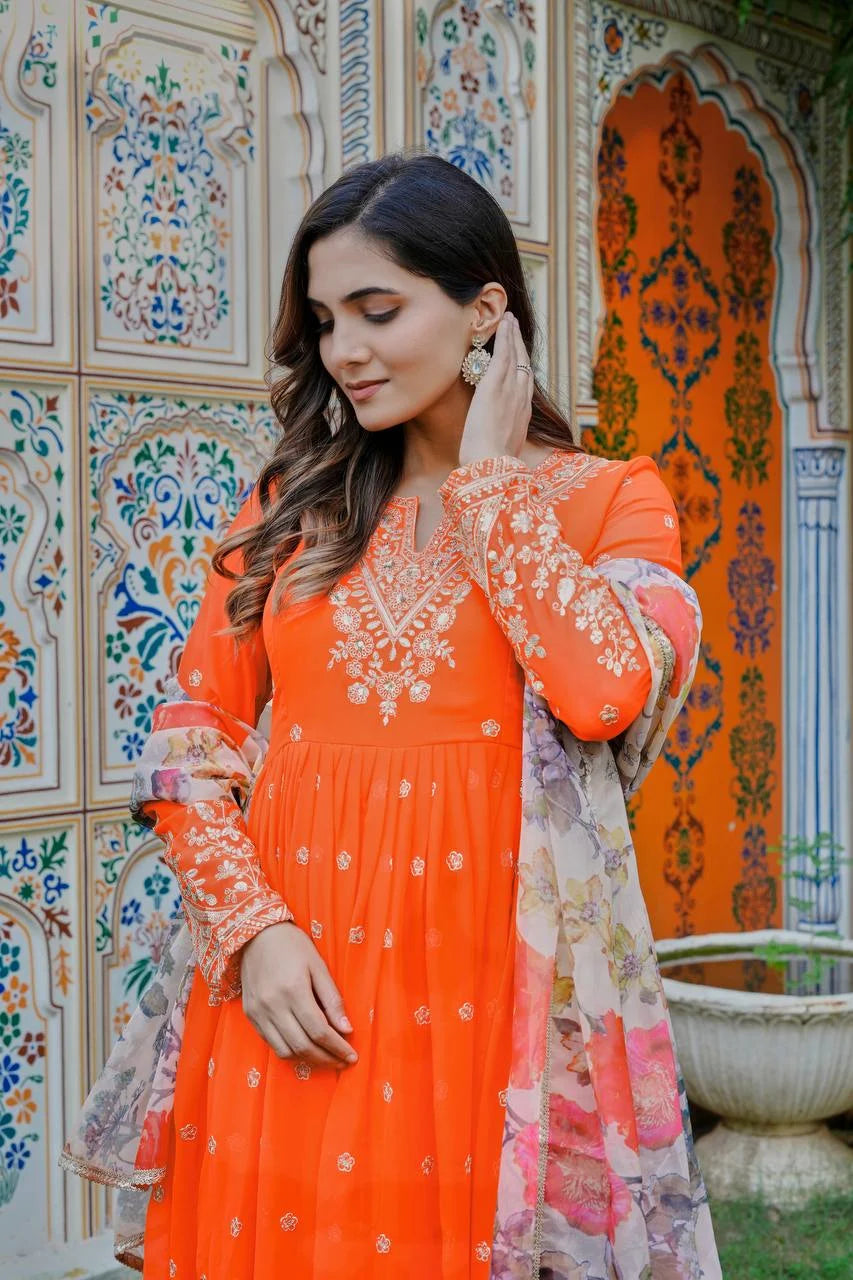Wedding & Festive Special Orange Anarkali Gown & Pent With Organza Dupatta