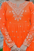 Wedding & Festive Special Orange Anarkali Gown & Pent With Organza Dupatta