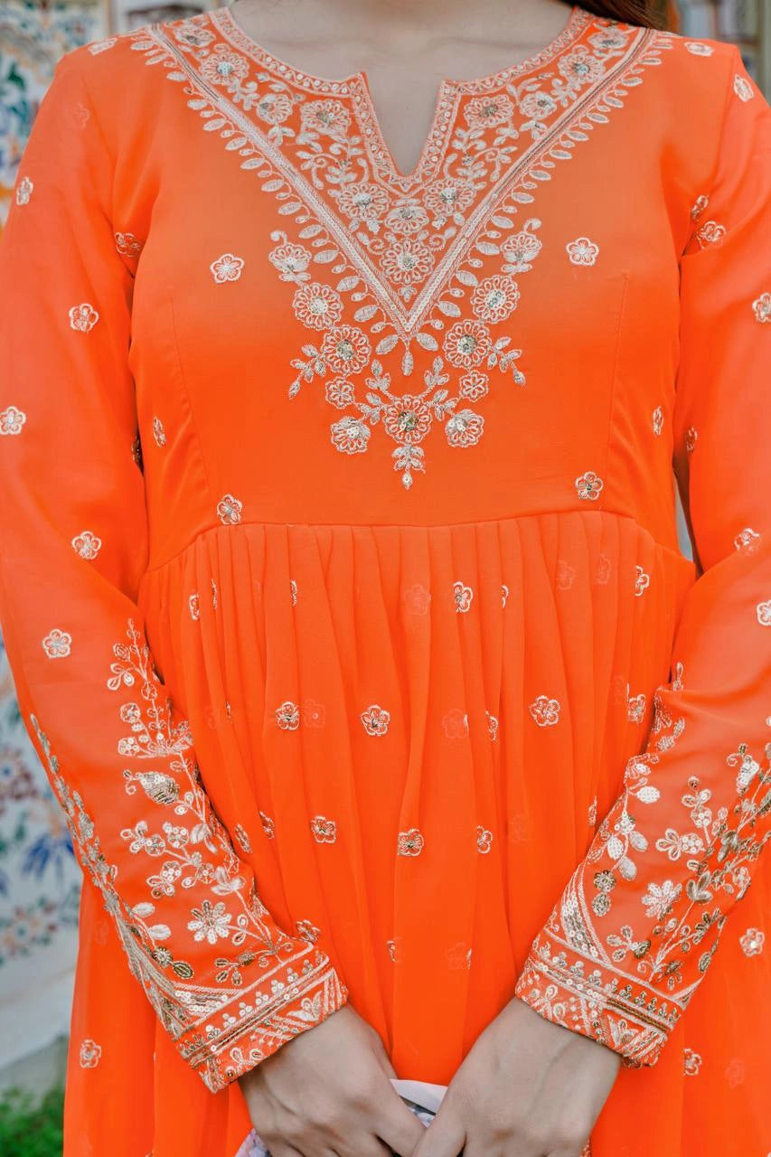 Wedding & Festive Special Orange Anarkali Gown & Pent With Organza Dupatta