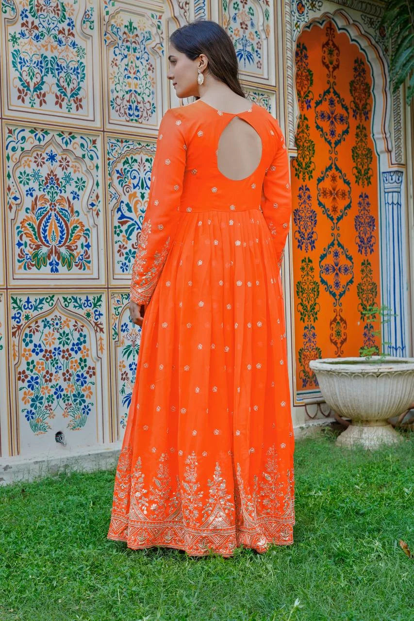 Wedding & Festive Special Orange Anarkali Gown & Pent With Organza Dupatta