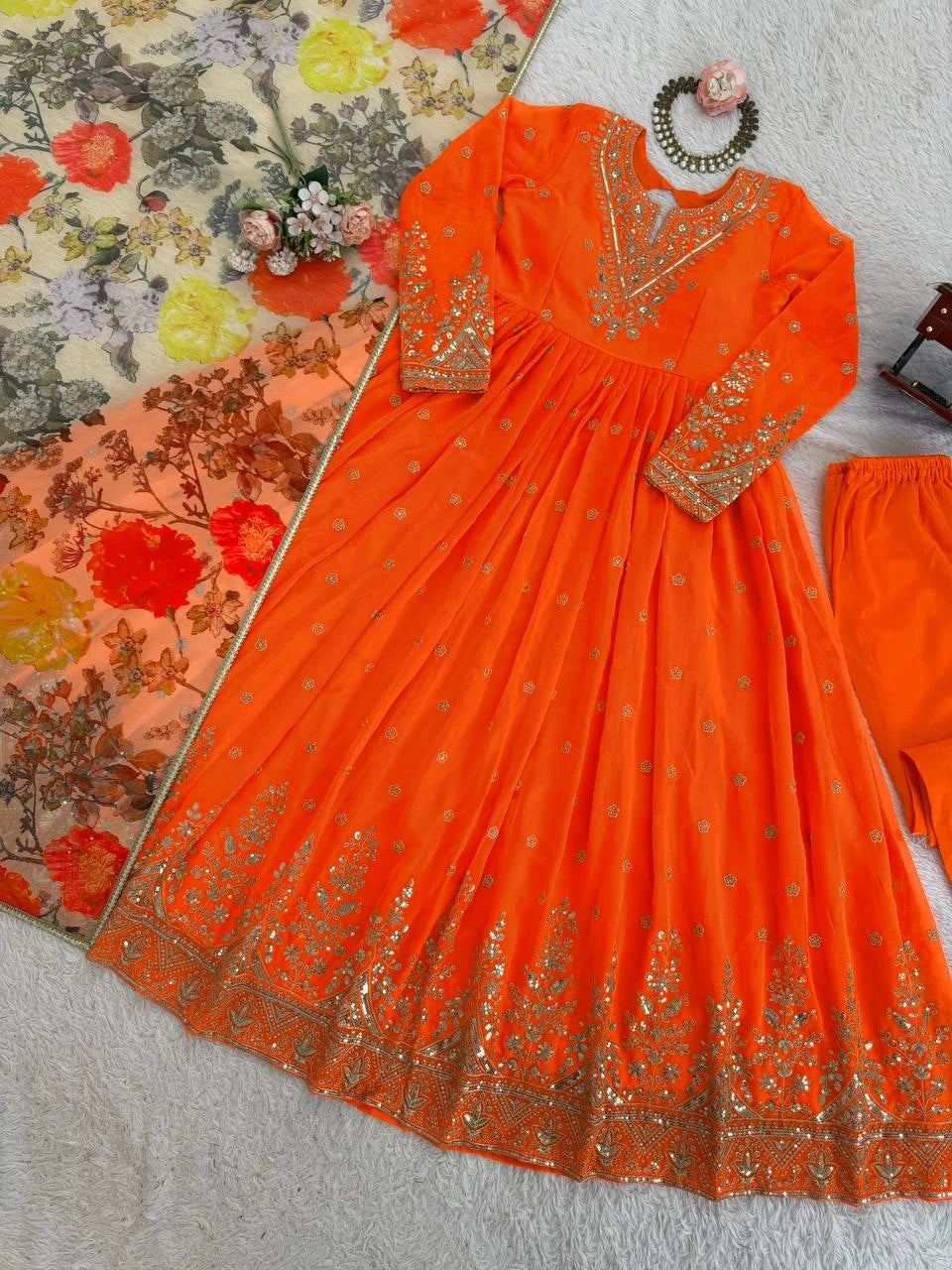 Wedding & Festive Special Orange Anarkali Gown & Pent With Organza Dupatta
