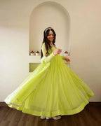 Noorani Lime Flare Gown with Elegant Mirror Accents