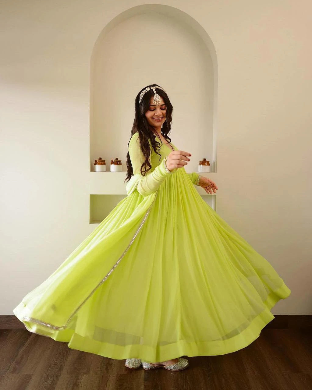 Noorani Lime Flare Gown with Elegant Mirror Accents