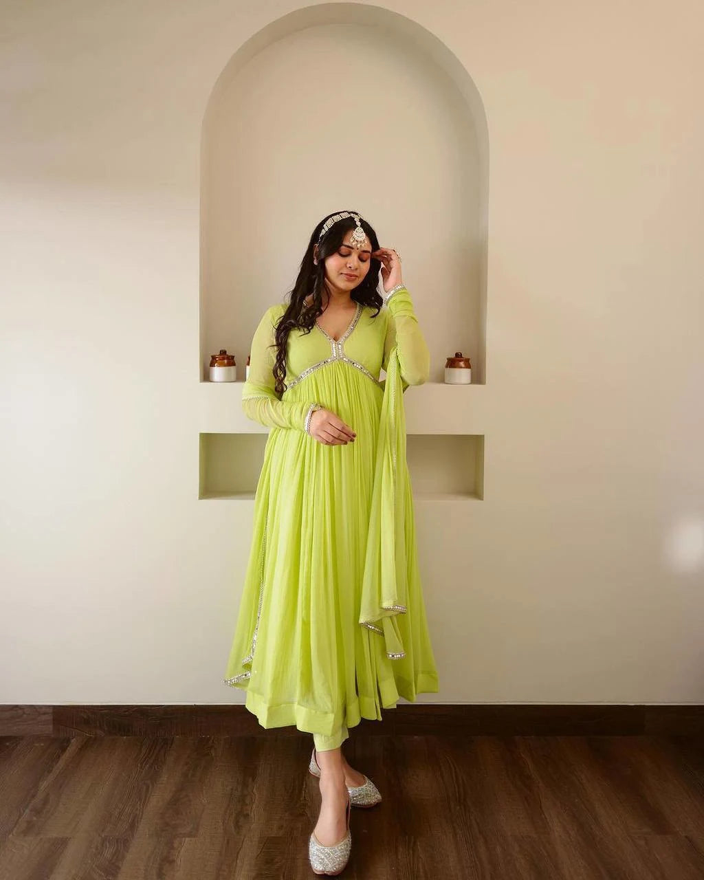 Noorani Lime Flare Gown with Elegant Mirror Accents