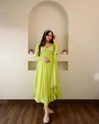 Noorani Lime Flare Gown with Elegant Mirror Accents