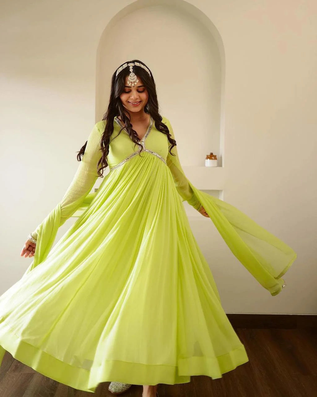 Noorani Lime Flare Gown with Elegant Mirror Accents