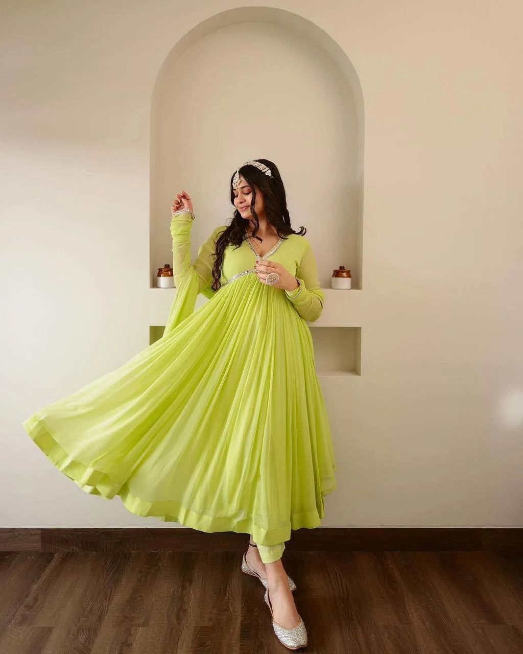Noorani Lime Flare Gown with Elegant Mirror Accents