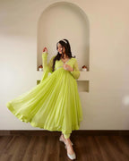 Noorani Lime Flare Gown with Elegant Mirror Accents