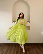 Noorani Lime Flare Gown with Elegant Mirror Accents