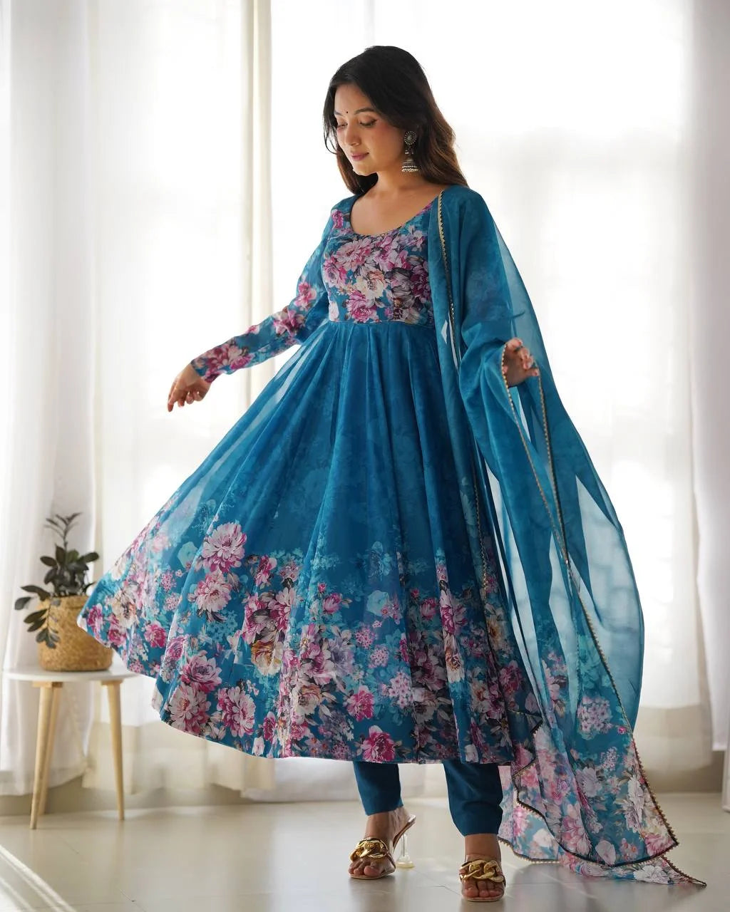 Festive Ready Organza Silk Anarkali with Pant matching dupatta