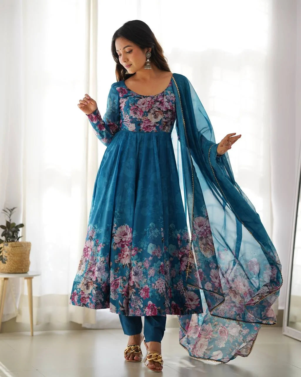 Festive Ready Organza Silk Anarkali with Pant matching dupatta
