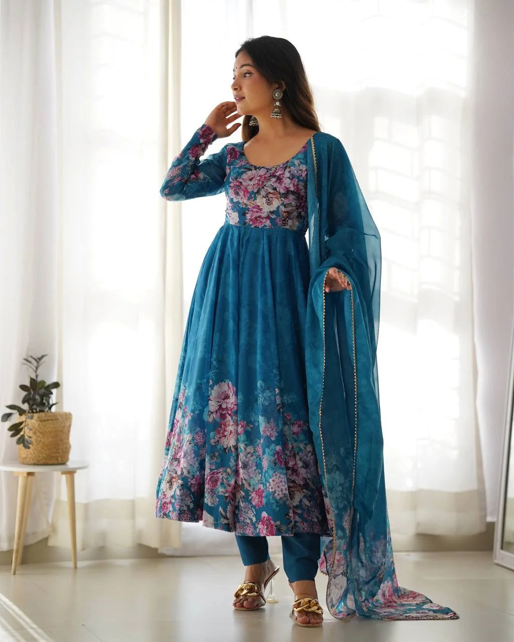 Festive Ready Organza Silk Anarkali with Pant matching dupatta