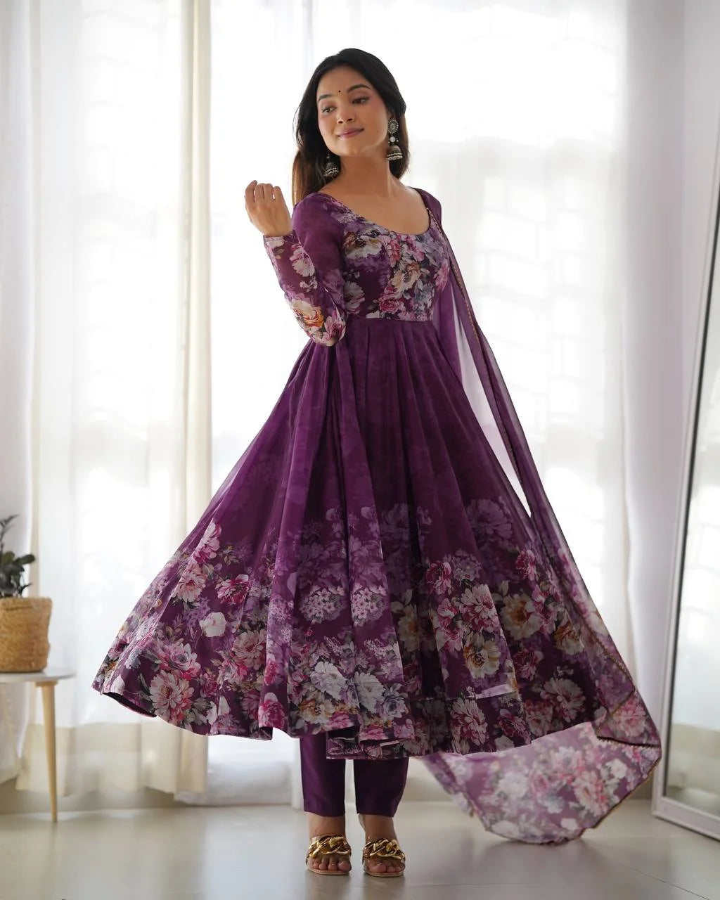 Premium Wine Organza Anarkali with Elegant Gota Patti Lace Dupatta