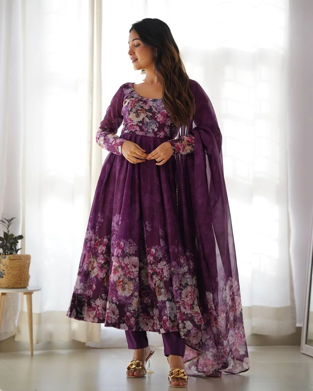 Premium Wine Organza Anarkali with Elegant Gota Patti Lace Dupatta