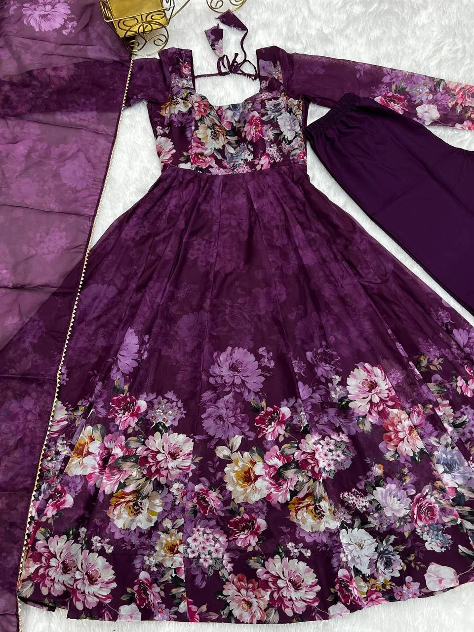 Premium Wine Organza Anarkali with Elegant Gota Patti Lace Dupatta