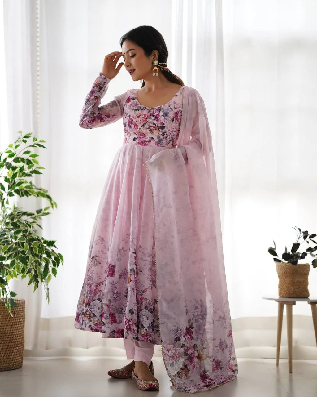 Soft Pink Organza Anarkali Gown with Designer Gota Patti Dupatta