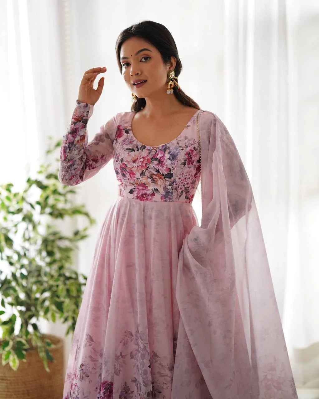 Soft Pink Organza Anarkali Gown with Designer Gota Patti Dupatta