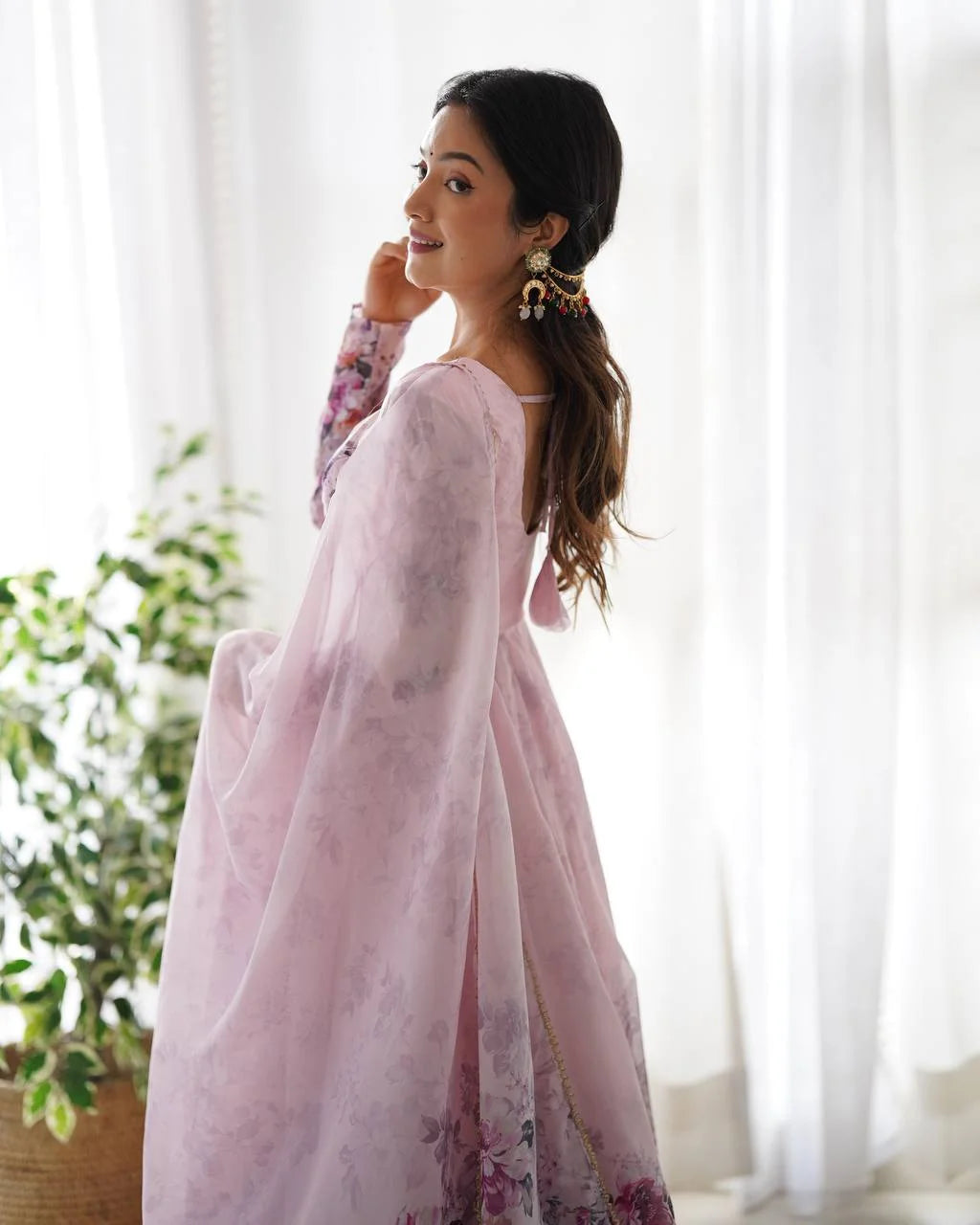 Soft Pink Organza Anarkali Gown with Designer Gota Patti Dupatta