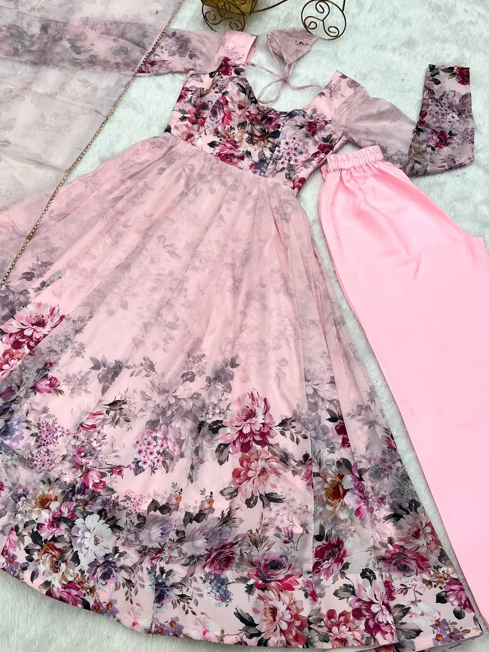 Soft Pink Organza Anarkali Gown with Designer Gota Patti Dupatta